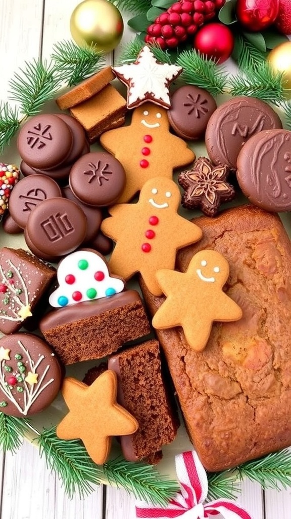 Assorted eggless Christmas baked goods including cookies and fruitcake on a festive platter.